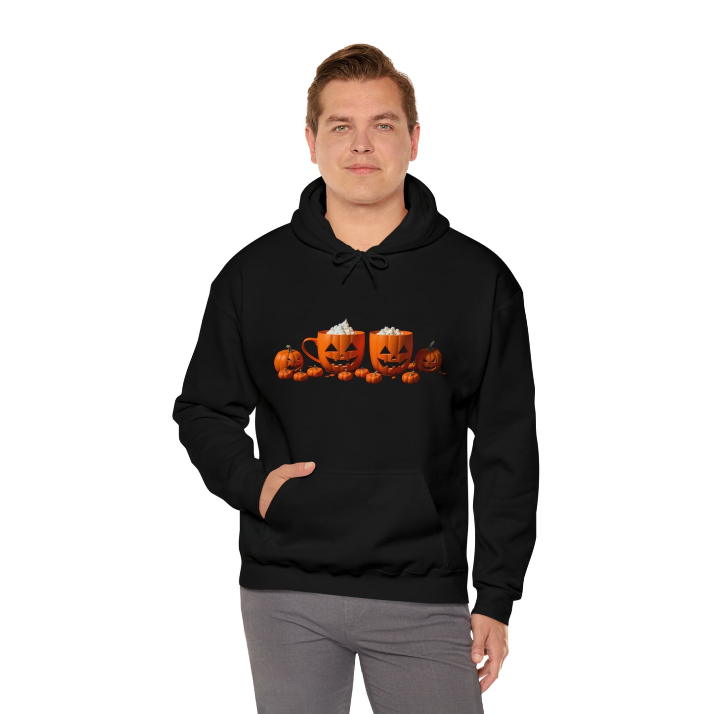 Halloween Pumpkin Coffee Cups Hoodie, Coffee Cups Hooded Sweatshirt, Jack-o-Lantern Coffee Cup Sweatshirt, Halloween Sweatshirt