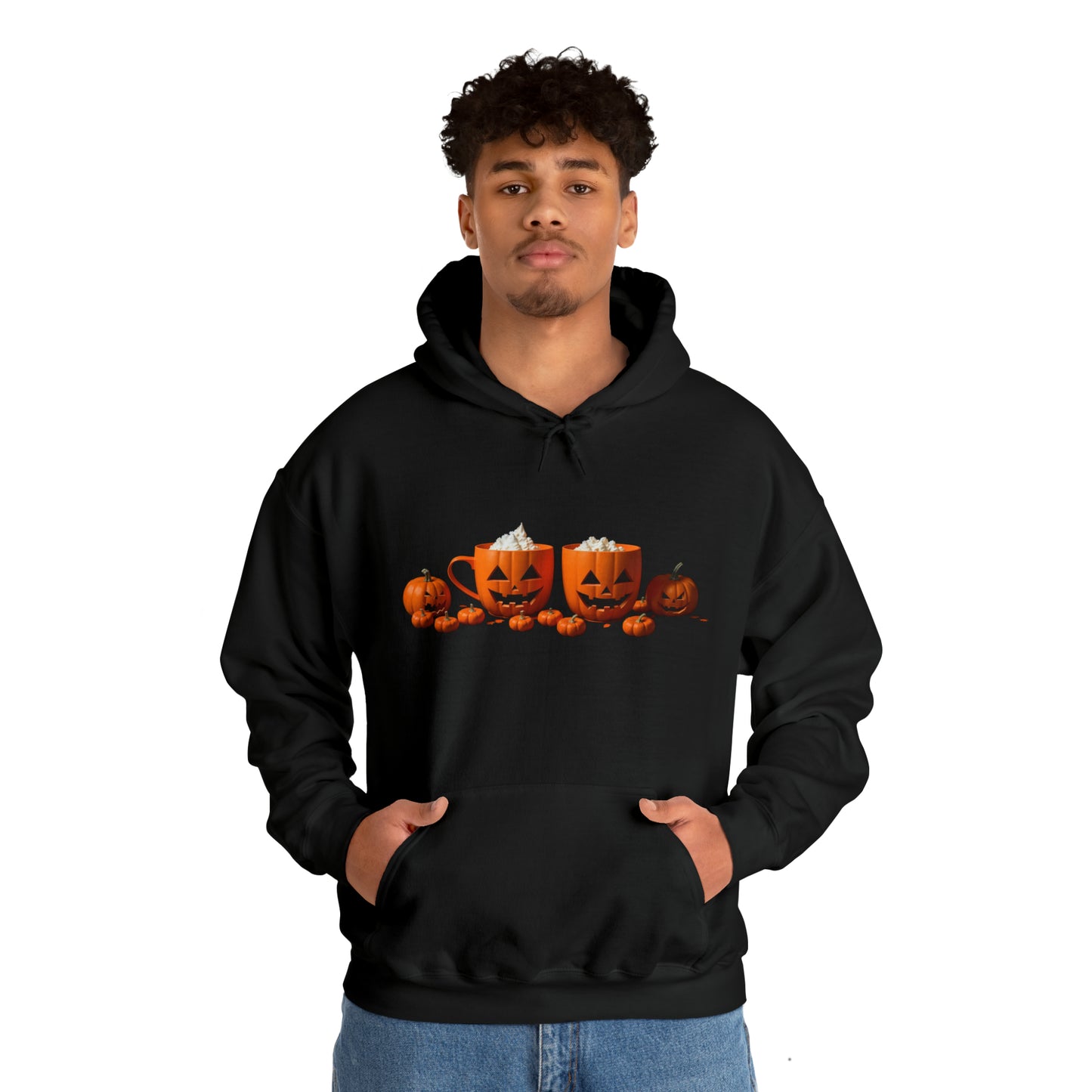 Halloween Pumpkin Coffee Cups Hoodie, Coffee Cups Hooded Sweatshirt, Jack-o-Lantern Coffee Cup Sweatshirt, Halloween Sweatshirt