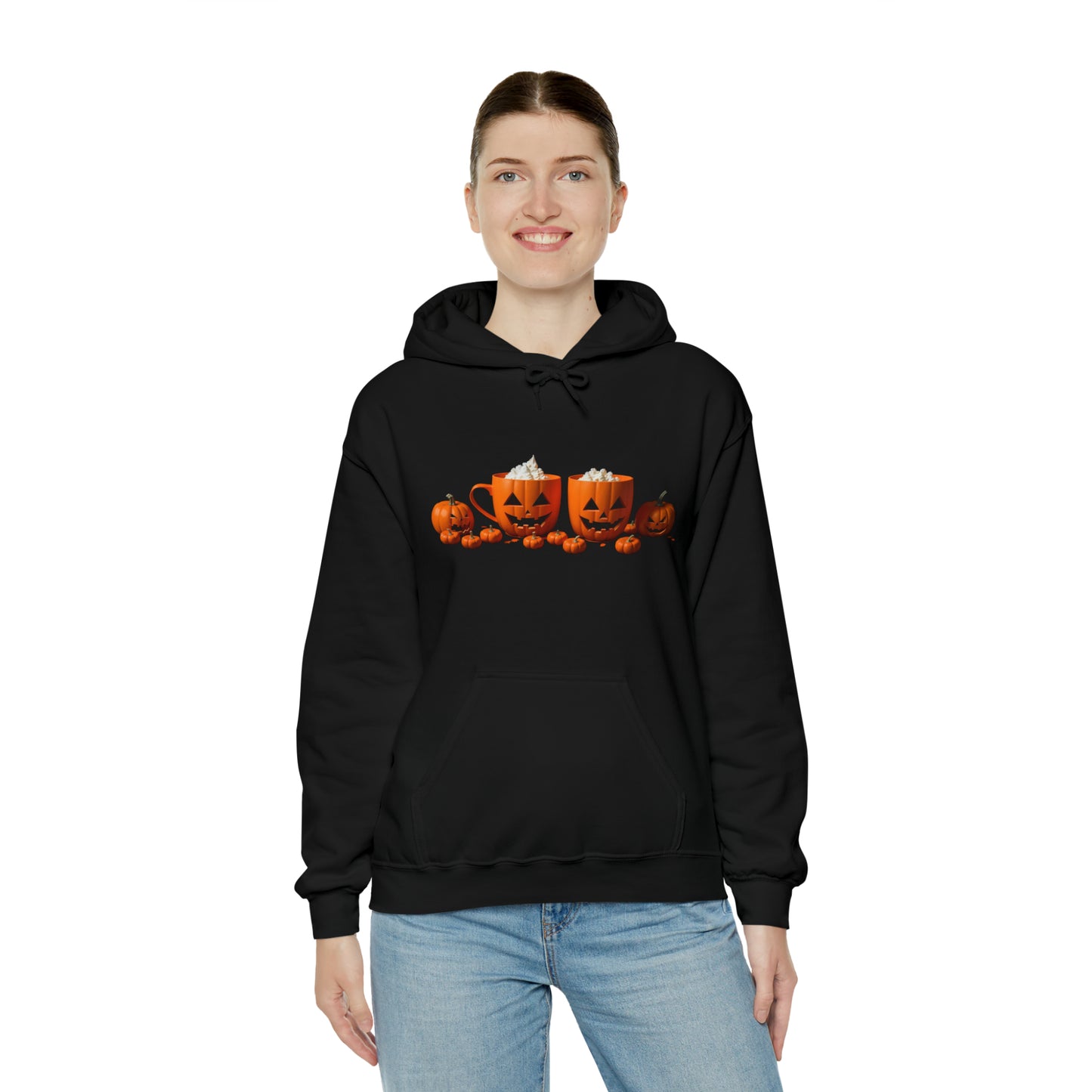 Halloween Pumpkin Coffee Cups Hoodie, Coffee Cups Hooded Sweatshirt, Jack-o-Lantern Coffee Cup Sweatshirt, Halloween Sweatshirt