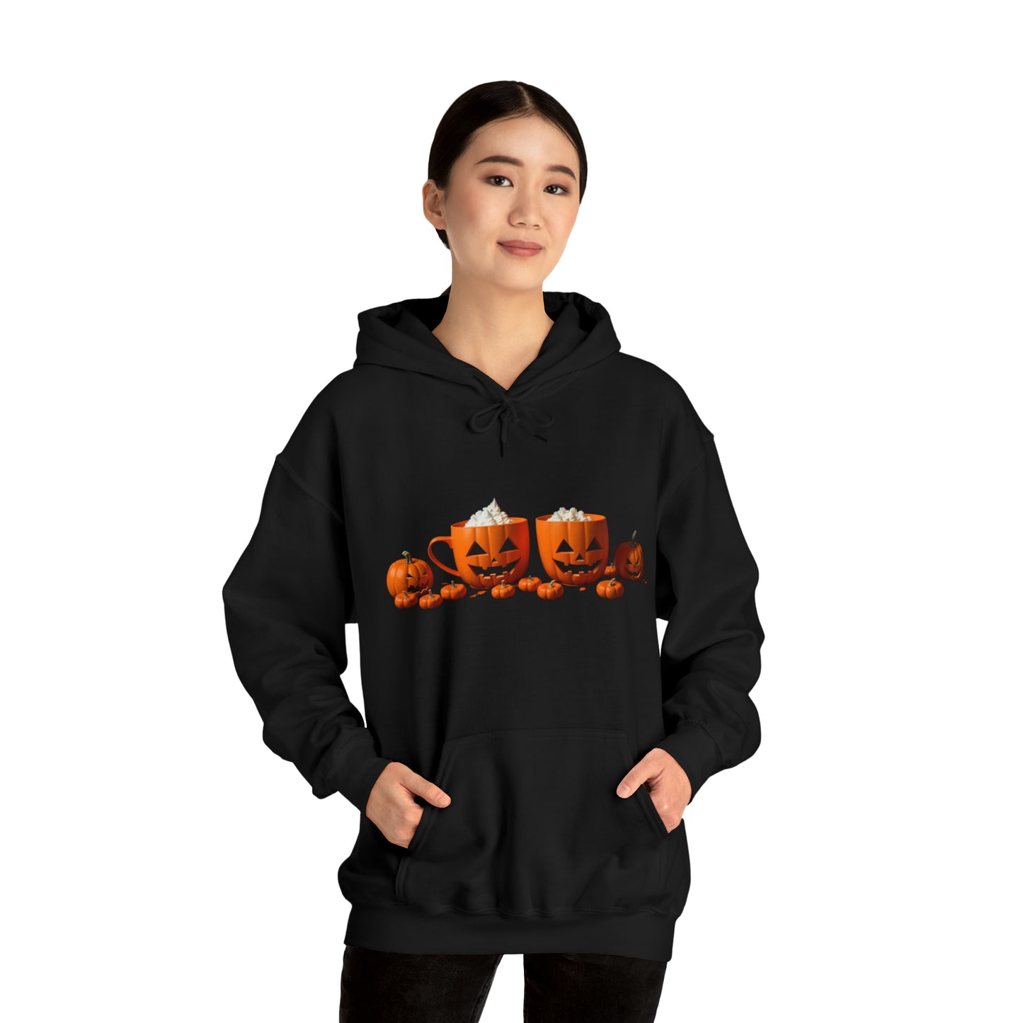 Halloween Pumpkin Coffee Cups Hoodie, Coffee Cups Hooded Sweatshirt, Jack-o-Lantern Coffee Cup Sweatshirt, Halloween Sweatshirt