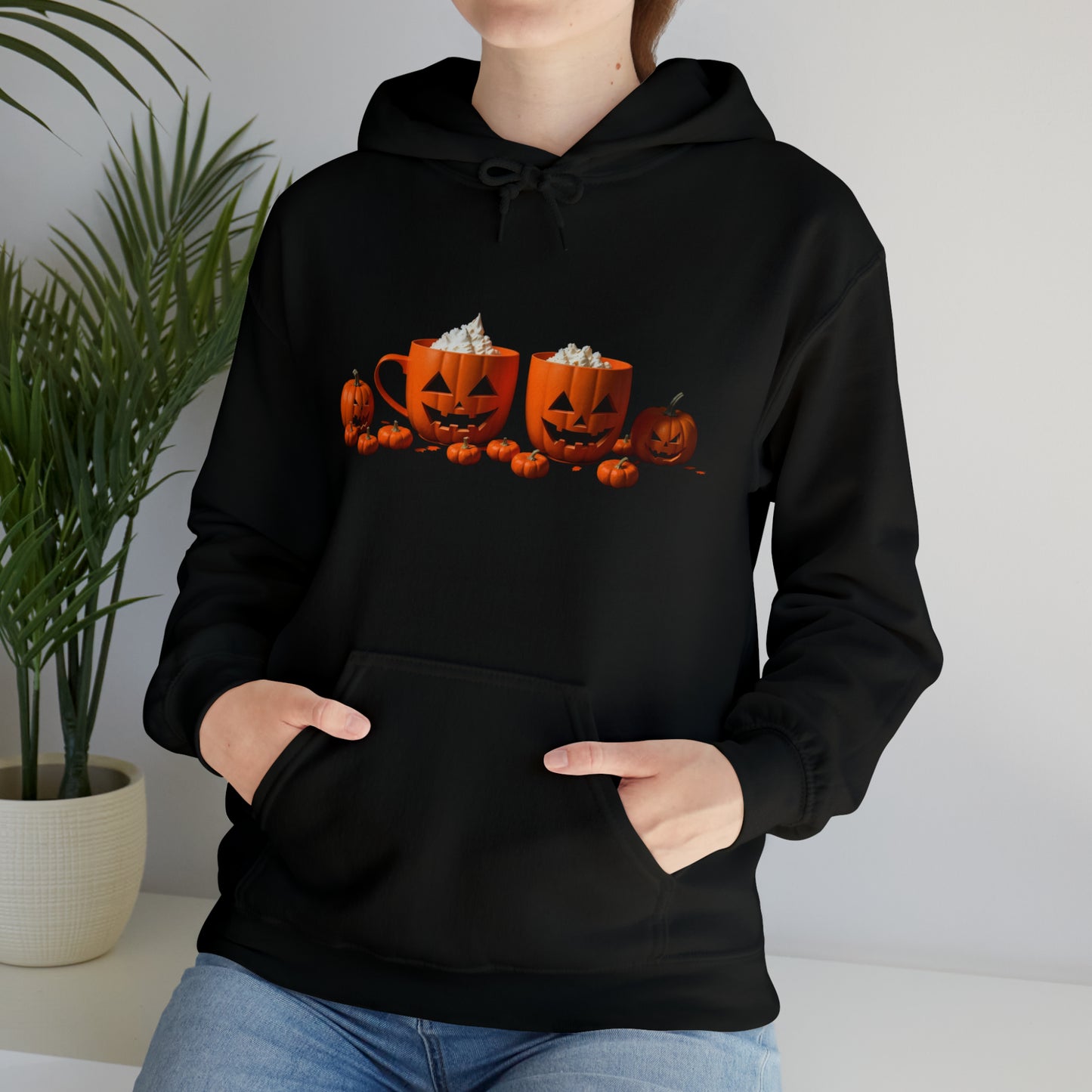 Halloween Pumpkin Coffee Cups Hoodie, Coffee Cups Hooded Sweatshirt, Jack-o-Lantern Coffee Cup Sweatshirt, Halloween Sweatshirt