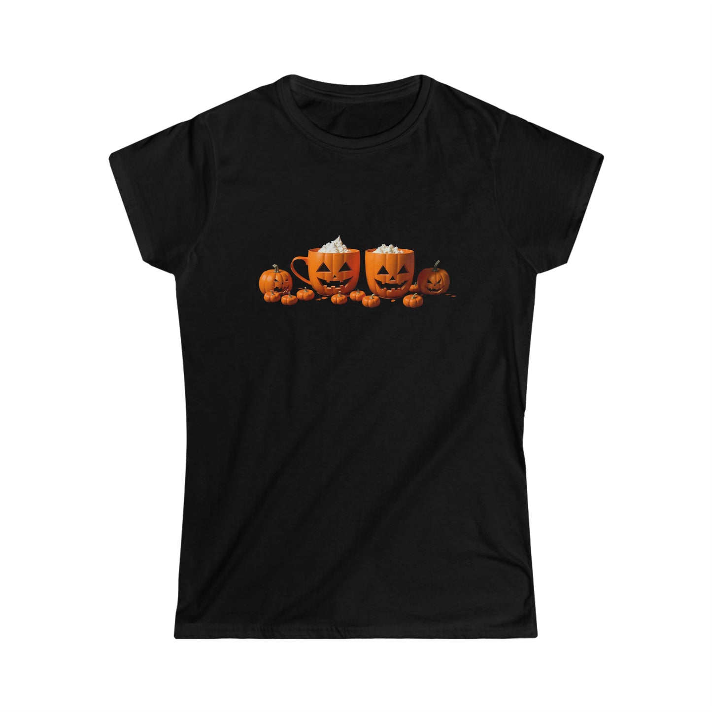 Women's Halloween Pumpkin Coffee Cups Tee, Coffee Cups Tee, Jack-o-Lantern Coffee Cup T-Shirt, Halloween Tee